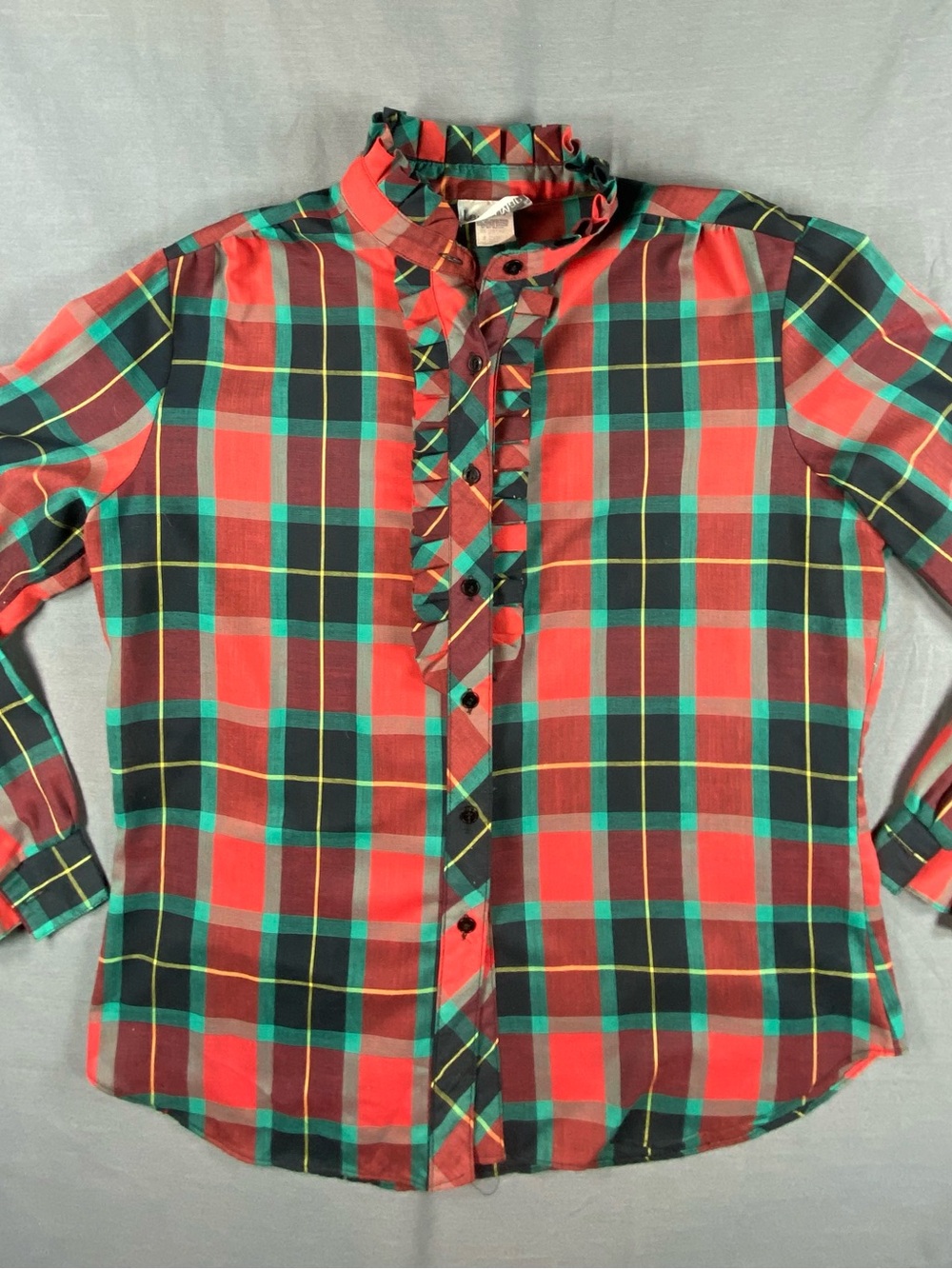 Vintage  Laura Mae Red & Green Plaid Ruffle Front Shirt